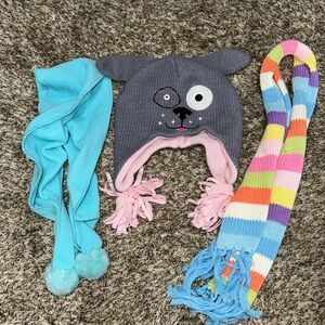 Doggy winter knit hat with Copper Key knit scarf and fleece scarf lot